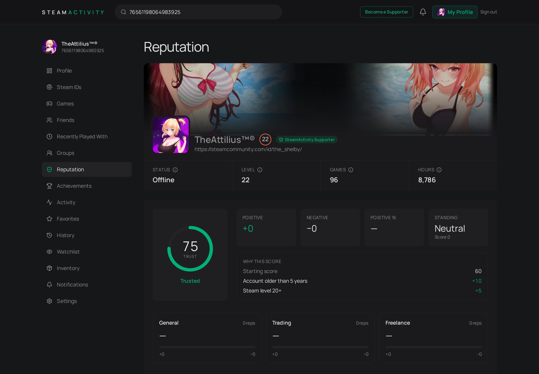 SteamActivity Reputation view
